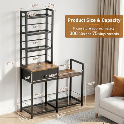 ikkle CD Rack with Drawer, 7-Tier DVD Organizer Shelf with Vinyl Storage | Media Storage Rack for CDs/DVDs, Vinyl Records, Books & Games, Ideal for Living Room & Home Office, 32.1x11.8x57.2 in, Brown