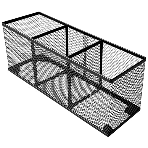 Metal Mesh Pencil Holder, Spacious 3-Compartment Desk Organizer for Pens, Makeup Brushes, Utensils, Multipurpose Office, School ,Kitchen, Home Desktop Storage, 10.43 x 3.35 x 4.04 Inches, Black - color: black