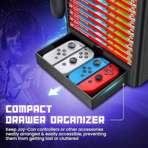 TNP Switch Organizer Station Game Storage Tower Stand for Nintendo Switch OLED with Dock Holder, 10 Game Case Vertical Shelf, 4 Controller Rack, Joy-con Drawer, Black