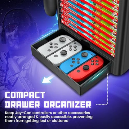 TNP Switch Organizer Station Game Storage Tower Stand for Nintendo Switch OLED with Dock Holder, 10 Game Case Vertical Shelf, 4 Controller Rack, Joy-con Drawer, Black