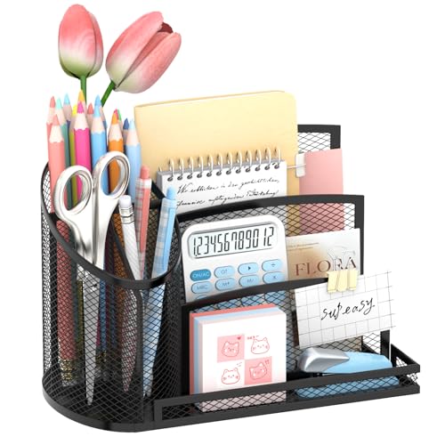 SUPEASY Desk Organizer with 3 Compartment Pen Holder, 3-Slot Mail Organizer and Flower Tube, Metal Mesh Bill Organizer for Pencil, Envelope, Letter and Office Supplies, Black - color: Black with Pen Holder