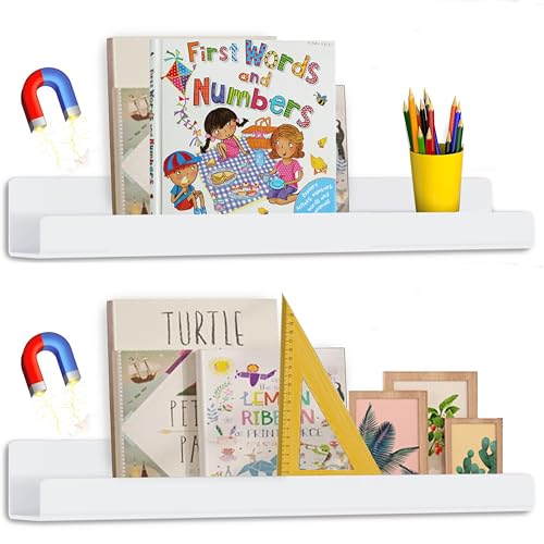 2 Pcs 17 Inch White Magnetic Book Shelf for Whiteboard | Heavy Duty Acrylic Magnetic Shelves for Classroom Furniture,Office, Refrigerator,School Supplies,Holds 13 lbs