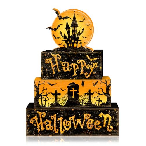 Britimes 4 Pcs Halloween Decorations for Home Wooden Tiered Tray Decorations Set Full Moon Happy Halloween Table Decor Farmhouse Rustic Tabletop Decor for Table & Home Office - style: Haunted House