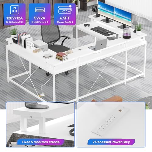 U Shaped Desk with Power Outlet & LED Lights, 79" Reversible Computer Desk with Monitor Stand, Wood Home Office Desks Gaming Desk with Shelving, Side Storage Pockets, White - color: White