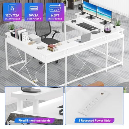 U Shaped Desk with Power Outlet & LED Lights, 79" Reversible Computer Desk with Monitor Stand, Wood Home Office Desks Gaming Desk with Shelving, Side Storage Pockets, White - color: White