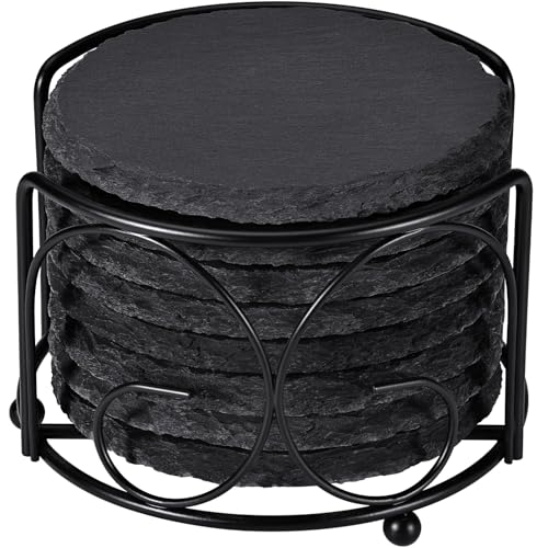 Slate Drink Coasters with Metal Holder, GOH DODD Set of 8 Black Coasters, 4 Inch Stone Coaster Set Tabletop Protection for Home Outdoor Kitchen Apartment Decor Housewarming Gifts Wedding Party, Round - color: Round Slate Coasters With Metal G-style Holder