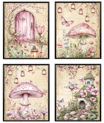 Locomiss Pink Fairy Enchanted Forest Mushroom Wall Art Decor, Fantastic Cottagecore Floral Mushroom Fairy Garden Cabin Pink and Green Prints Posters for Girls Room Wall Decor, Set of 4 (8x10 Unframed) - color: forest, size: 8x10 Inches