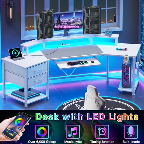 SEDETA 79" Gaming Desk, Computer Desk with 2 Fabric Drawers & LED Light, White Small Desk with Storage for Home Office, Carbon Fiber White - color: Carbon Fiber White