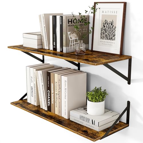 Heimlove Deep Floating Shelves for Wall, 32W x 12D Wood Wall Shelves Set of 2, Wide Floating Bookshelf for Living Room, Kitchen, Office, Bedroom and Decor Storage, with Metal Bracket - Rustic Brown - color: Rustic Brown With Black Metal Bracket, size: 32w