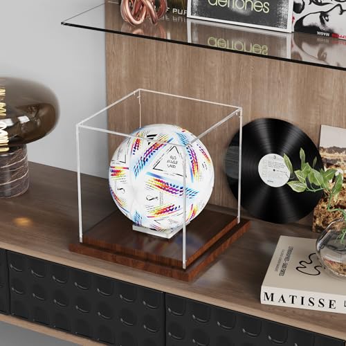 VGMiu Soccer Ball Display Case with Wood Base, Clear Acrylic Display Case Soccer Box with Removable Built-in Ball Holder for Autographed Balls, Sports Collectibles, Memorabilia Displays - size: Soccer Case