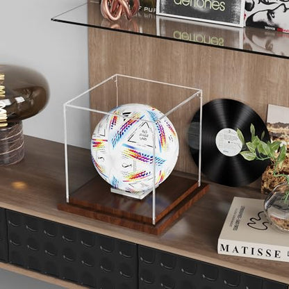 VGMiu Soccer Ball Display Case with Wood Base, Clear Acrylic Display Case Soccer Box with Removable Built-in Ball Holder for Autographed Balls, Sports Collectibles, Memorabilia Displays - size: Soccer Case