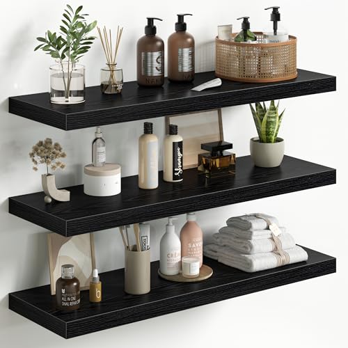 Fun Memories Floating Shelves for Wall 32 Inch Set of 3, Farmhouse Floating Shelves with Invisible Heavy Duty Bracket, 10 Inch Deep Bathroom Shelves for Storage, Living Room, Kitchen, Decor, Black - color: Black, size: 32"W x 10"D - 3P