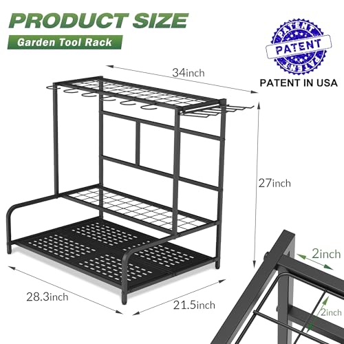 Sttoraboks Garden Tool Organizer Rack Up to 39 Tools, Heavy-Duty Steel Yard Tool Organizer for Garage Storage with 12 Hooks, Broom Holder & Garden Tool Rack for Shed, Patio, Outdoor Storage, Black - style: Rack With Accessories – No Wheels