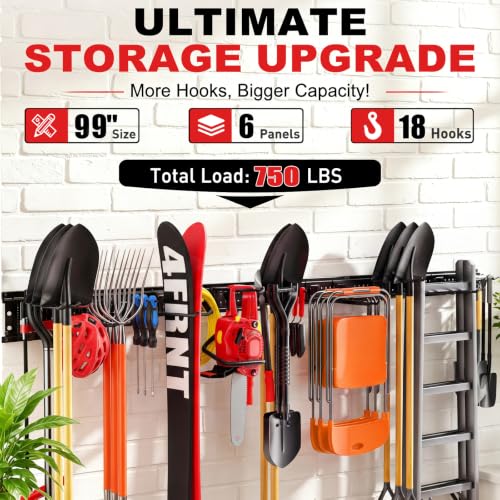 Garage Tool Organizer Wall Mount 99 inches with 18 Adjustable Heavy-Duty Hooks, Garage Organization, Garden Tool Storage Rack, Yard, and Shed, Holds Up to 750 lbs - size: 99" | 6 Panels + 18 Hooks