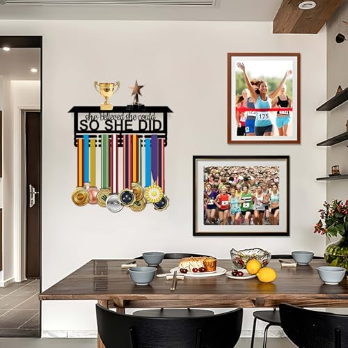 Resama Medal Hanger Holder Display Wall Rack Frame Shelf-Medal Hanger Awards Ribbon Soccer,Gymnastics,Holder Display Rack for 60 Medals - color: So She Did-T