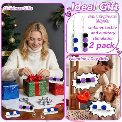 2 PCS 4-in-1 Keyboard Fidget Toy Keychain, Finger Clicky Button Toy Stress Relief Keychain with Swappable Keycaps, Mini Mechanical Key Fidget for Office Desk Focus Gifts (Blue White Black Purple) - color: Blue White Black Purple