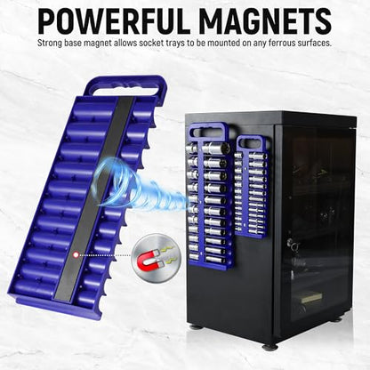 Reniteco Magnetic Socket Organizer Set, 3 Pcs Blue Portable Heavy Duty Socket Rail Set: 1/4-Inch x 22 Pallets, 3/8-Inch x 28 Pallets, 1/2-Inch x 26 Pallets, Hold 76 Sockets - Fit Shallow&Deep Sockets - color: Blue