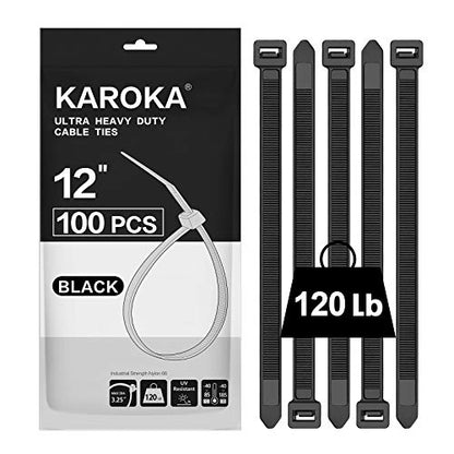 Zip Ties 12 inch Heavy Duty Zip Ties with 120 Pounds Tensile Strength, Black Cable Ties, 100 Pieces,by Karoka - size: 12" 120lb (100 Pack)