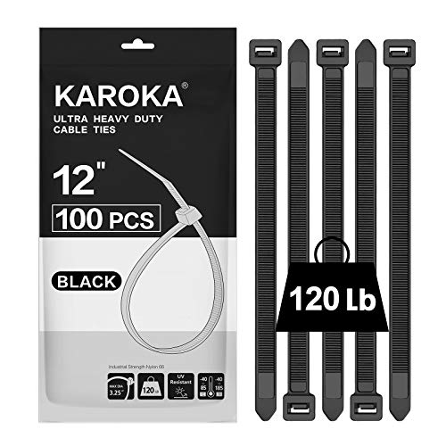Zip Ties 12 inch Heavy Duty Zip Ties with 120 Pounds Tensile Strength, Black Cable Ties, 100 Pieces,by Karoka - size: 12" 120lb (100 Pack)