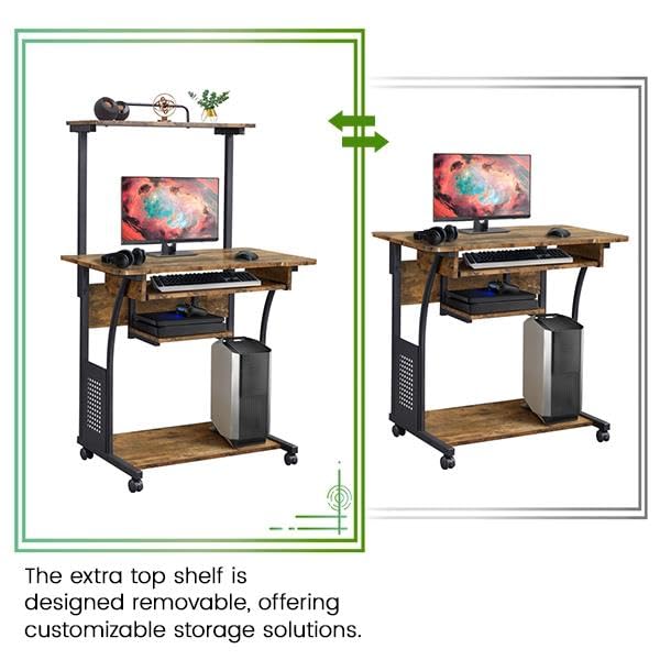 Yaheetech 3 Tiers Rolling Computer Desk with Keyboard Tray and Printer Shelf for Home Office, Mobile Computer Desk for Small Space, Retro Computer Table Compact PC Laptop Workstation, Rustic Brown - color: Rustic Brown