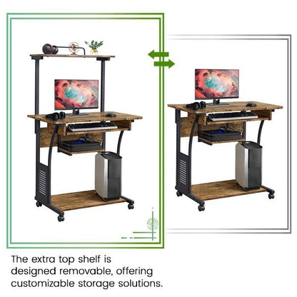 Yaheetech 3 Tiers Rolling Computer Desk with Keyboard Tray and Printer Shelf for Home Office, Mobile Computer Desk for Small Space, Retro Computer Table Compact PC Laptop Workstation, Rustic Brown - color: Rustic Brown