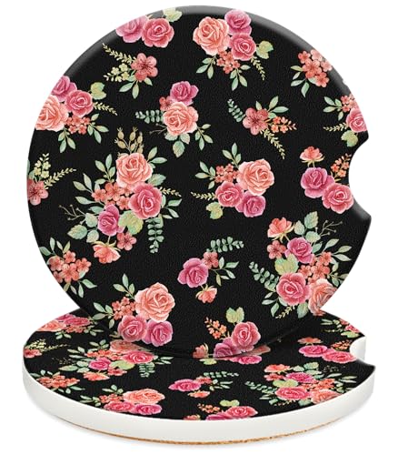 Swooflia Car Coasters for Women - Black-Pink Flower Ceramic Car Cupholder Coaster Absorbent Mat Coaster with Cork Base 2 Pack 2.55 inch Automotive Cup Holder Accessories New Driver Gifts for Decor - color: Black Pink Flower