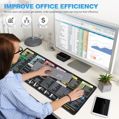 Excel Cheat Sheet Mouse Pad - 9 Major Excel Modules & 200+ Shortcuts (Excel/Word/PPT/Windows), 31.5"×11.8" XL, HD Print, Waterproof Anti - Slip Stitched Edge, 8 Office Exercises - color: Excel Shortcuts