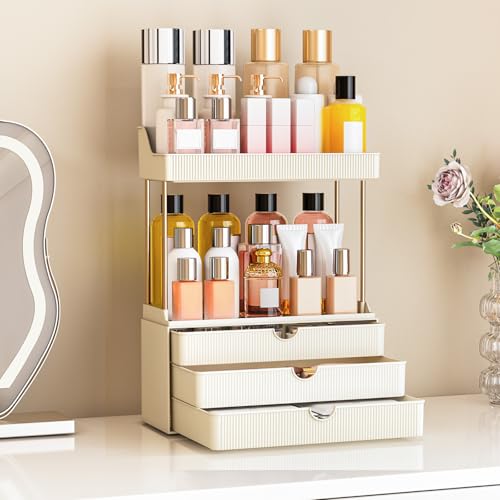 caktraie Bathroom Organizers and Storage - 3 Drawers 2 Tier Makeup Organizer, Cosmetic Storage Drawer for Dresser Countertop and Bathroom Vanity for Large Skincare, Perfume, Cream White - color: Cream White, size: 1 PACK