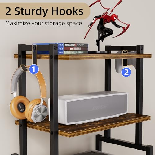 HYPIGO 4-Tier AV Media Corner Shelf, Game Console Stand with 2 Hooks, Stereo Audio Component Rack, Small Entertainment Center for Video Game and Vinyl Record Storage, Rustic Brown