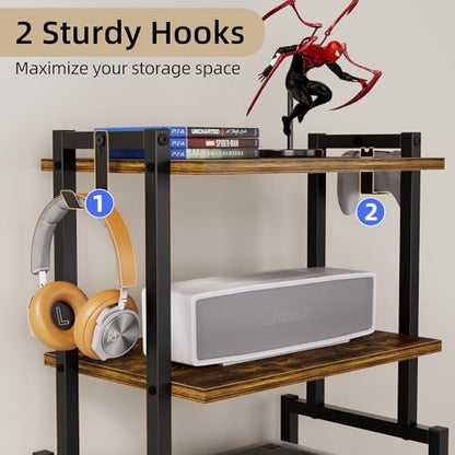 HYPIGO 4-Tier AV Media Corner Shelf, Game Console Stand with 2 Hooks, Stereo Audio Component Rack, Small Entertainment Center for Video Game and Vinyl Record Storage, Rustic Brown