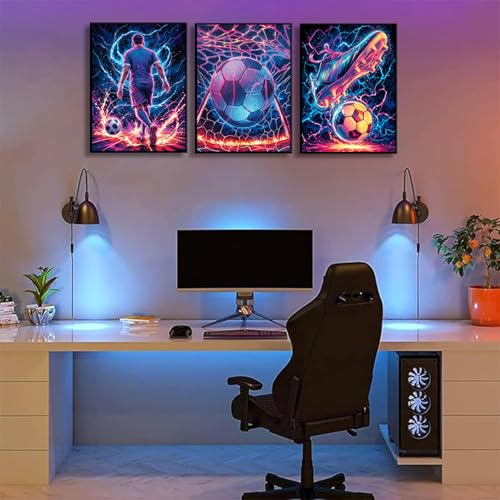 3Pcs Cool Soccer Wall Art Abstract Soccer Sneakers Posters Prints Paintings Neon Boys Football Themed Bedroom Wall Decor Artwork for Boys Room Teen Kids Playroom Decoration 12x16in - color: Poster, size: 16L"x12W"