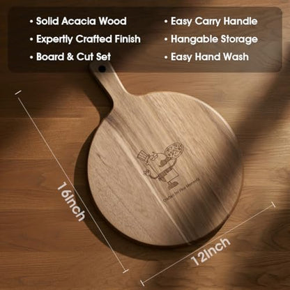 12" Acacia Wood Pizza Board & Cutting Board Set with Pizza Cutter, Round Wooden Serving Tray/Charcuterie Platter for Cheese, Appetizers & Entertaining, Rustic Housewarming Gift - size: 12 inch