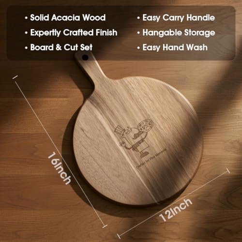 12" Acacia Wood Pizza Board & Cutting Board Set with Pizza Cutter, Round Wooden Serving Tray/Charcuterie Platter for Cheese, Appetizers & Entertaining, Rustic Housewarming Gift - size: 12 inch