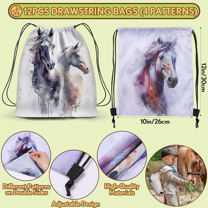 SNLN 12Sets Horse Party Favors Birthday Supplies Boy Girl Kid, Drawstring Bag Silicone Bracelet Tattoo Sticker Keychain Horse Themed Pinata Filler Cowboy Cowgirl Rodeo Western Party Favors Supplies - style: Horse
