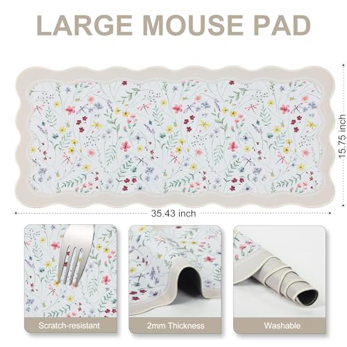 L-SPOUTTO Floral Mouse Pad,Botanical Desk Mat XXL Large Scalloped Gaming Mousepad,35.4x15.7in Non-Slip Keyboard Pad Waterproof Desktop Mat for Laptop Computer Work Game Home Office-Wild Flowers - color: Seamless Wild Flowers