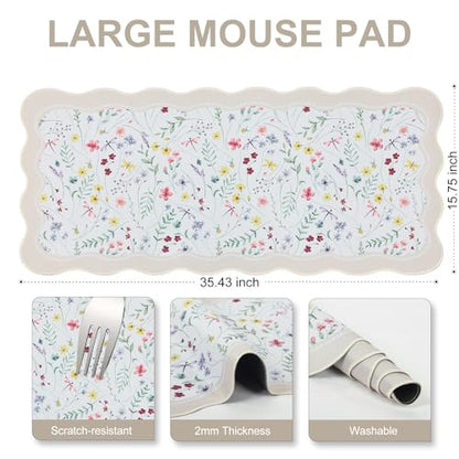 L-SPOUTTO Floral Mouse Pad,Botanical Desk Mat XXL Large Scalloped Gaming Mousepad,35.4x15.7in Non-Slip Keyboard Pad Waterproof Desktop Mat for Laptop Computer Work Game Home Office-Wild Flowers - color: Seamless Wild Flowers