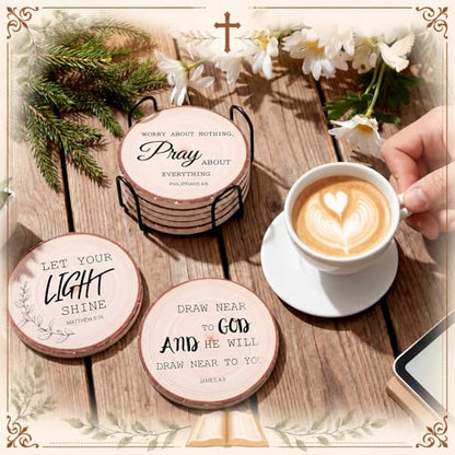 Domensi 8 Pcs Christian Coaster Set Ceramic Coaster with Bible Verse Religious Absorbent Coasters Wood Style Drink Cup Mat for Church Christian Decoration Table Protection - style: Wood