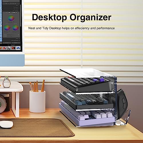 Keyboard Stand for Desktop 3 Layer Acrylic Stand Gaming Keyboard and Mouse Storage Thicken Dustproof Storage Holder Holds up 4 Keyboards,3 Mice,folder etc for Office,Home,School,Kitchen(Transparent)