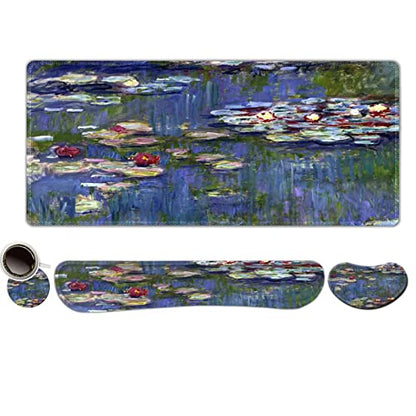 ToLuLu Extended Gaming Mouse Pad, Memory Foam Ergonomic Keyboard Mouse Wrist Rest Support Set, Large Desk Mat with Stitched Edges, Non-Slip Base Mousepad for Home Office Game, Monet Water Lilies - color: Monet Water Lilies