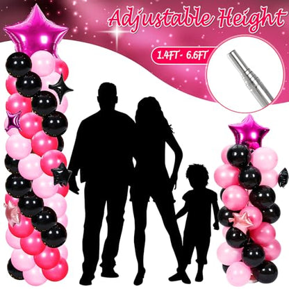 Gejoy 110 Pcs Pink Rose Red Black Balloons Column Stand Kit Adjustable Tower Stand from 1.4 to 6.6 ft with Bases for Back to School Wedding Birthday Baby Shower Party - color: Pink Rose Red Black