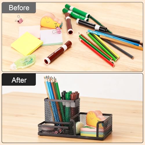 Comix Mesh Pen Pencil Holder Desk Organizer, 3 Compartment Wire Desktop Pen Pencil Cup Caddy Office Supplies Desk Accessories for Home Office School, Black - color: 3 Compartments