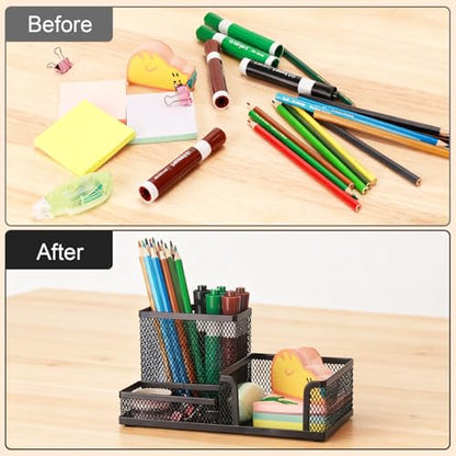 Comix Mesh Pen Pencil Holder Desk Organizer, 3 Compartment Wire Desktop Pen Pencil Cup Caddy Office Supplies Desk Accessories for Home Office School, Black - color: 3 Compartments