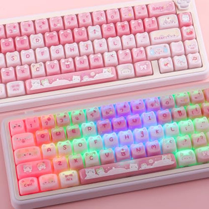 Ceramic Jade Cat Keycaps, 142 Keys Translucent Pink Meow Meow Cute Keycaps Mao Profile Custom Keycap with Keycap Storage Box for Cherry Gateron MX Swithes Mechanical Keyboards - color: Meow Meow Pudding