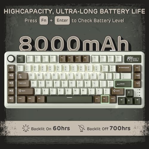 RK ROYAL KLUDGE L75 Gasket Mount Mechanical Keyboard w/Knob/Macro Keys & Touchable Nameplate, Tri-Mode 75% TKL Wireless Keyboard BT/2.4G/USB-C, Hot Swappable, Pro Software, Massive 8000mAh Battery - color: Palm Green, size: Linear Cream Switch