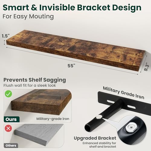 Floating Shelves for Wall 55 in x 9.3 in Deep, Wall Mounted Rustic Wood Shelf with Invisible Brackets for Storage & Display, Living Room Bedroom Bathroom, Brown, 1 Pack - color: Rustic Brown, size: 55 Inch, 1 pack
