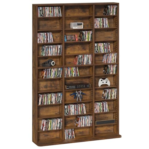 LELELINKY 11 Tier Tall Display Cabinet, Media Storage Cabinet with Adjustable Shelves, Free Standing DVD Organizer Shelf, Floor Multimedia Storage Manga Bookshelf for Living Room & Home Office, Brown - color: Brown, size: 11-Tier