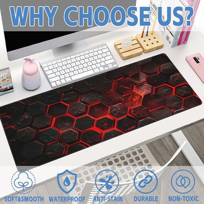 Large Gaming Mouse Pad for Desk,Red Honeycomb Science Technology Desk Mat,Honeycomb Hexagon Desk Pad,Extended Big Computer Keyboard Mouse Pad with Non-Slip Base Stitched Edges 31.5"x11.8" - color: Red Honeycomb Science Technology, size: XL-31.5"x11.8"