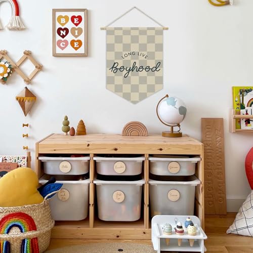 Boys Room Decor, Long Live Boyhood Boy Nursery Linen Canvas Banner, Grey Checkered Wall Hanging Pennant Flag Banner for Boys Nursery Kids Toddler Room Bedroom Playroom Decor, 15x11in - color: boyhood- camel blue checkered