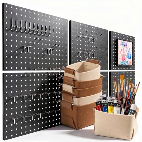 Spampur Peg Board, 6 Pack Metal Pegboard Wall Organizer with Accessories | Black Pegboard Panels with 50 Pcs Hooks and Baskets, Wall Organizer for Office, Craft Room Organization, Garage, Sewing Room - color: Black, size: 16x12''- 6 Pcs