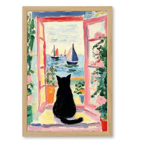 Vintage Colorful Black Cat Wall Art Funny Floral Oil Painting Poster Aesthetic Animal Print Window Landscape Picture for Dorm Bedroom Gallery Living Room or Pet Lover 8x12inch Wood color frame - color: Colorful - Wood color PVC frame, size: 8"L x 12"W